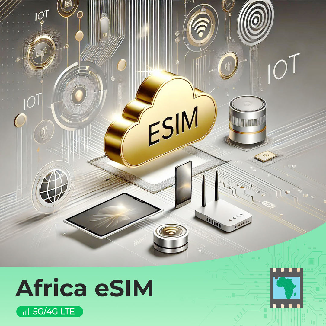 Golden eSIM cloud symbol with IoT devices for Africa connectivity