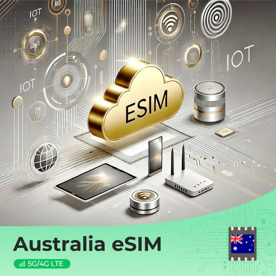 Australia eSIM cloud icon with IoT devices and 5G/4G LTE symbols