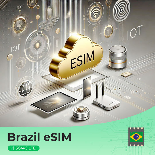 Brazil eSIM cloud graphic with IoT devices and 5G/4G LTE icons