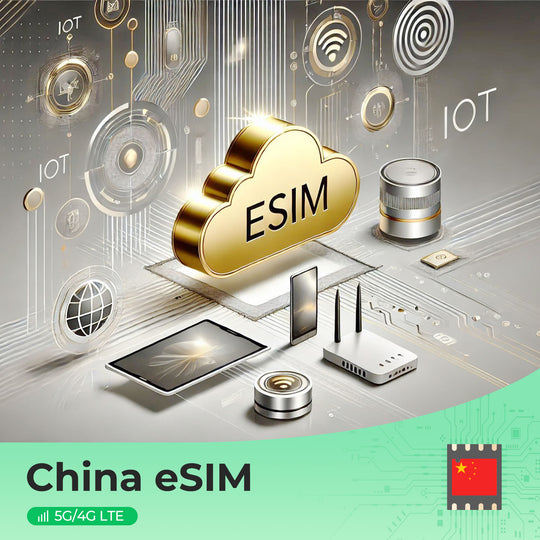 Gold eSIM cloud icon with IoT devices and China flag for connectivity.