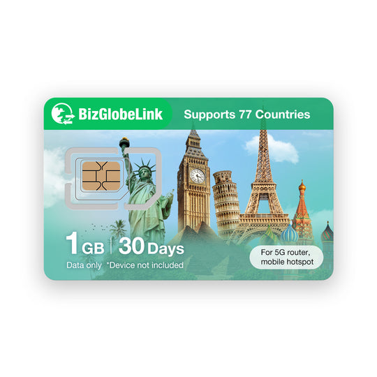 BizGlobalLink prepaid SIM card with 3GB data for 30 days, supports US, EU, China, Japan, South Korea.