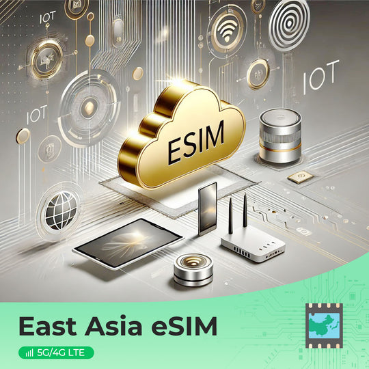 East Asia eSIM with cloud icon and IoT devices, showcasing 5G/4G LTE connectivity.