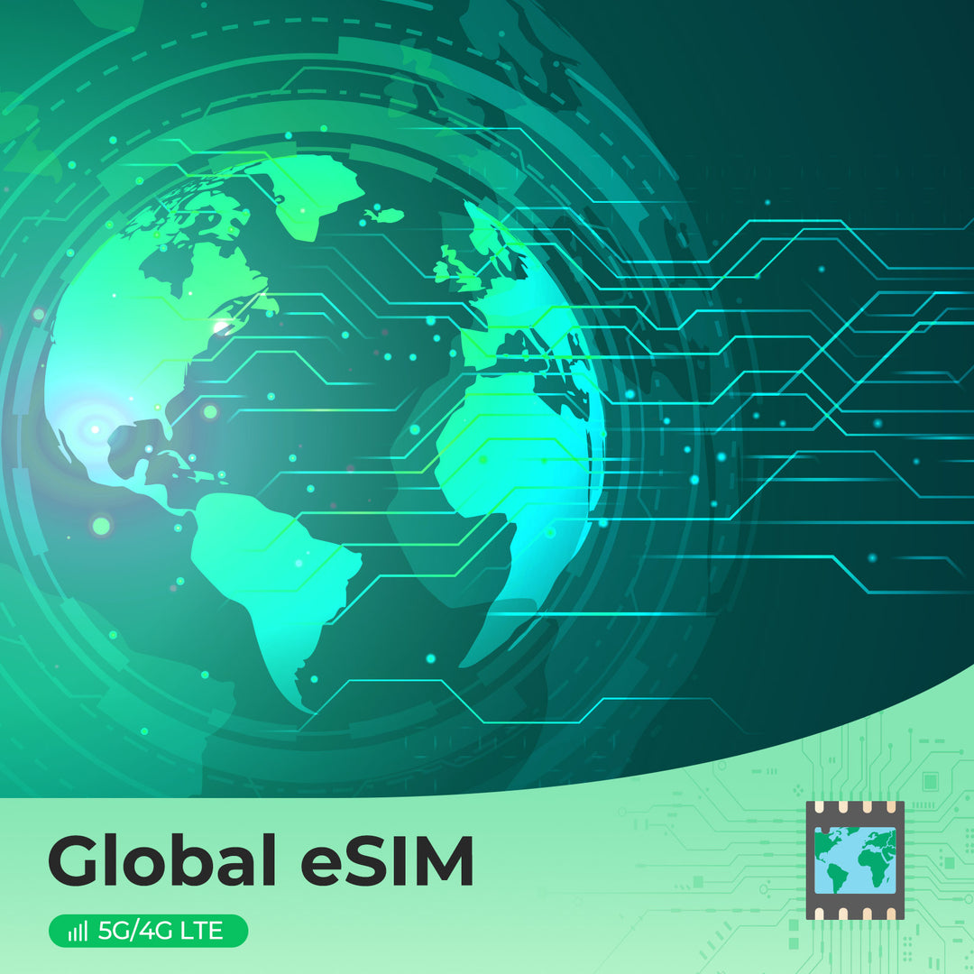 Global eSIM illustration with 5G/4G LTE network connections