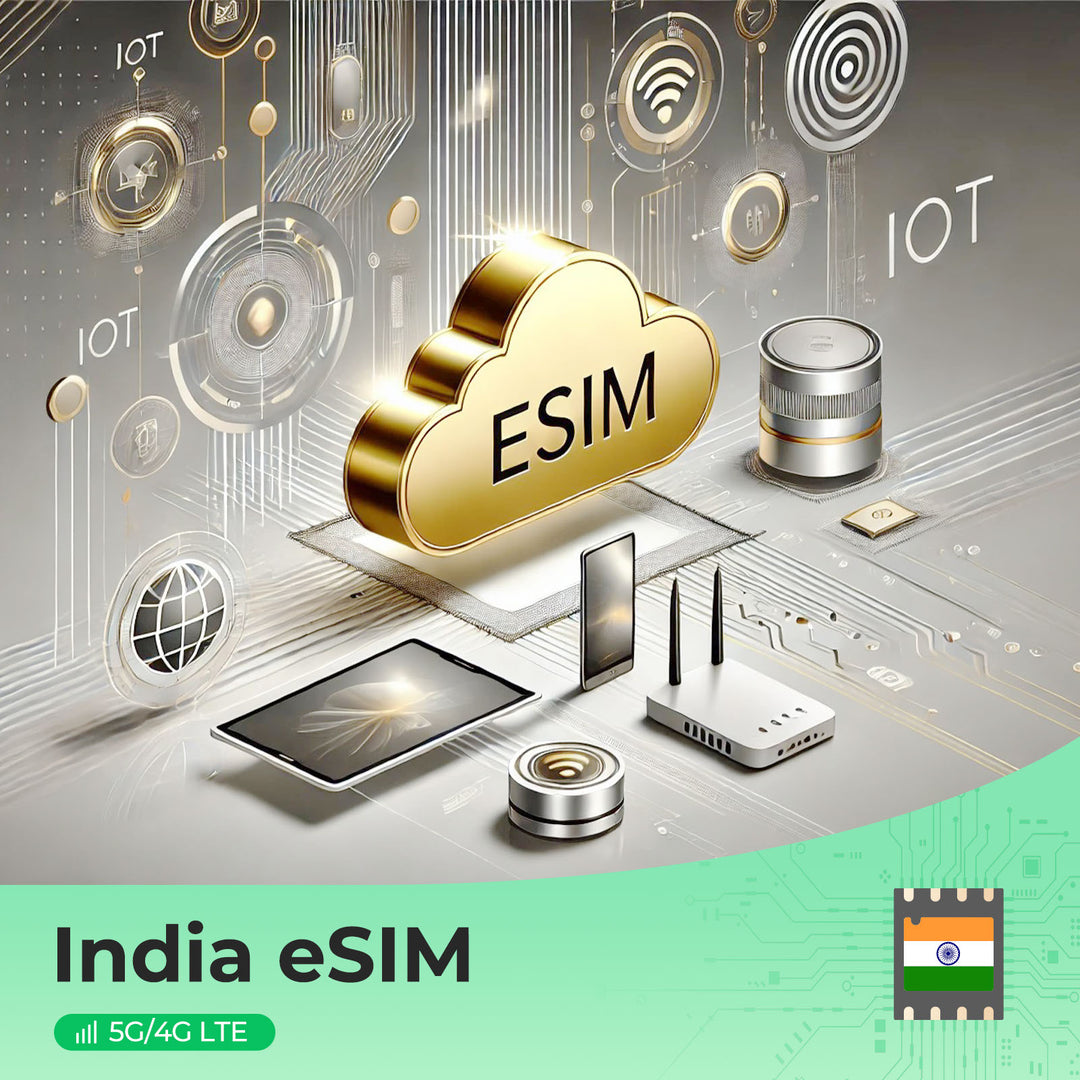 India eSIM graphic with cloud icon, IoT devices, and 5G/4G LTE symbols