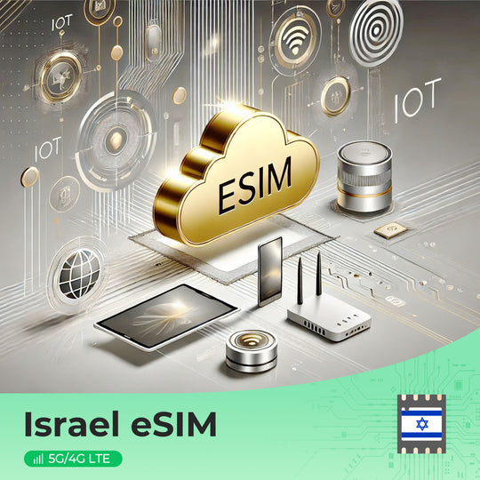 Gold cloud logo with 'eSIM' text, featuring IoT devices for Israel eSIM connectivity.