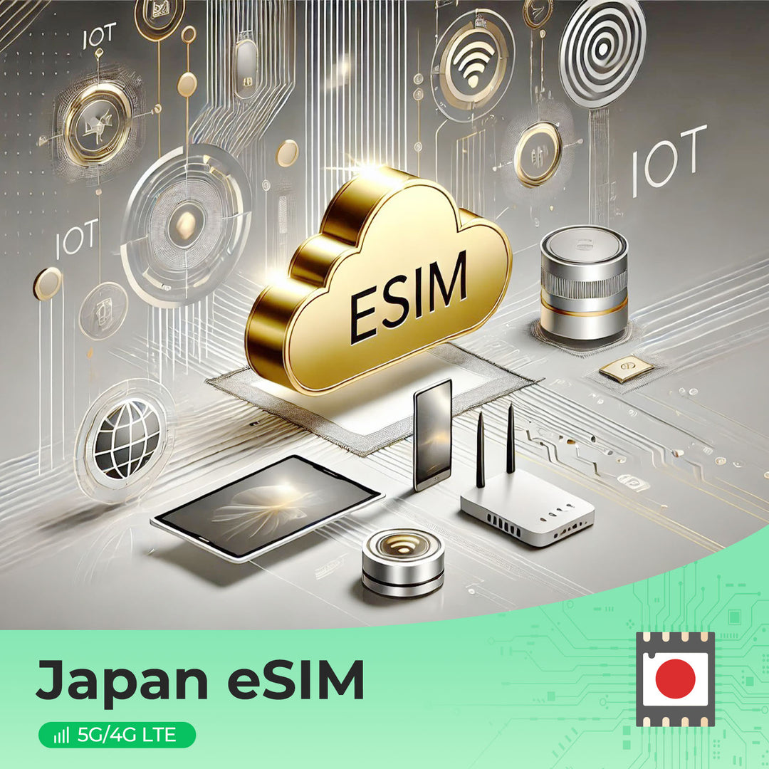 Japan eSIM graphic showing cloud, IoT devices, and network elements.