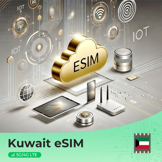 Kuwait eSIM illustration with gold cloud and IoT device icons, supporting 5G/4G LTE.