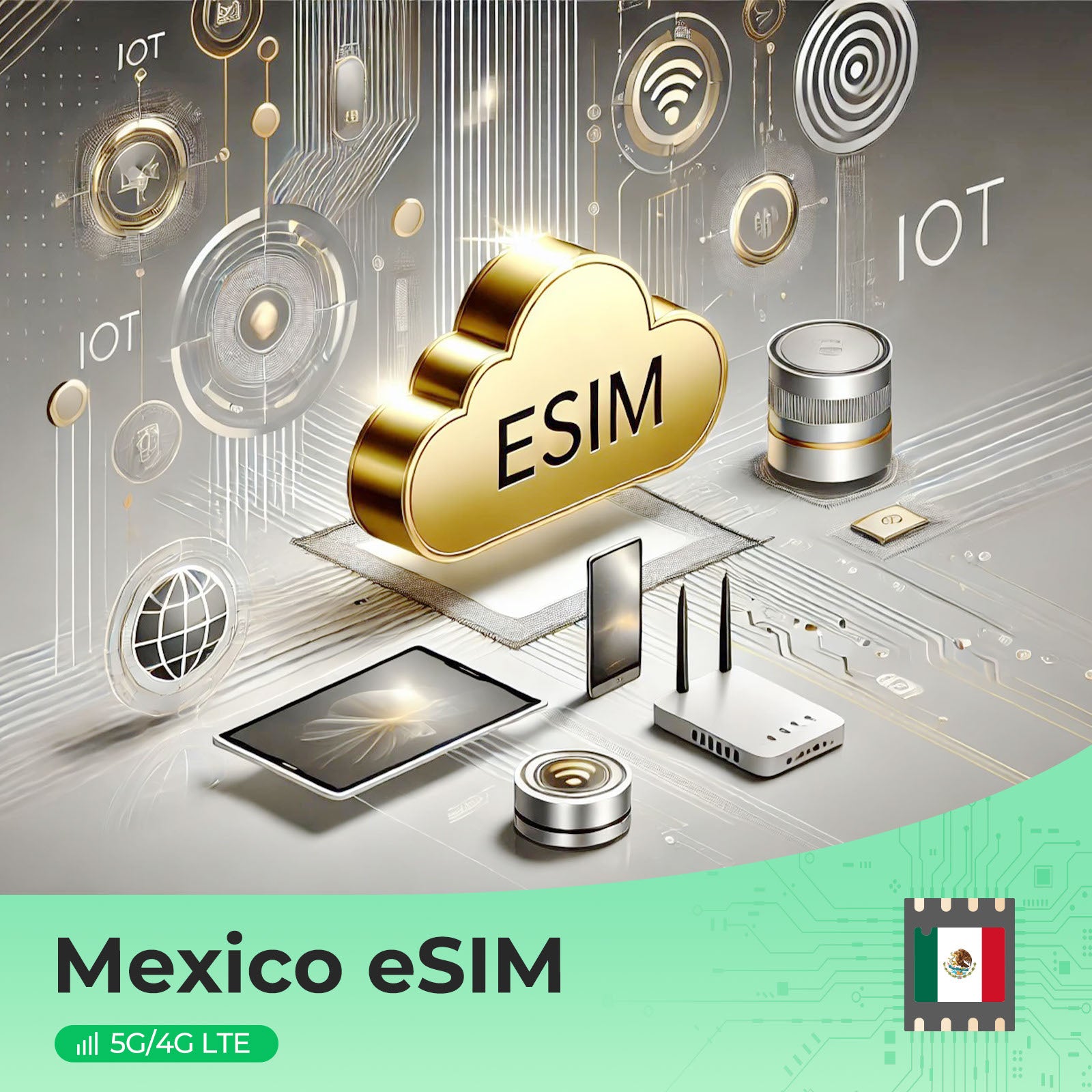 Gold cloud with 'eSIM' text, IoT devices, and Mexico flag logo