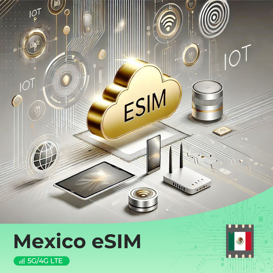 Gold cloud with 'eSIM' text, IoT devices, and Mexico flag logo