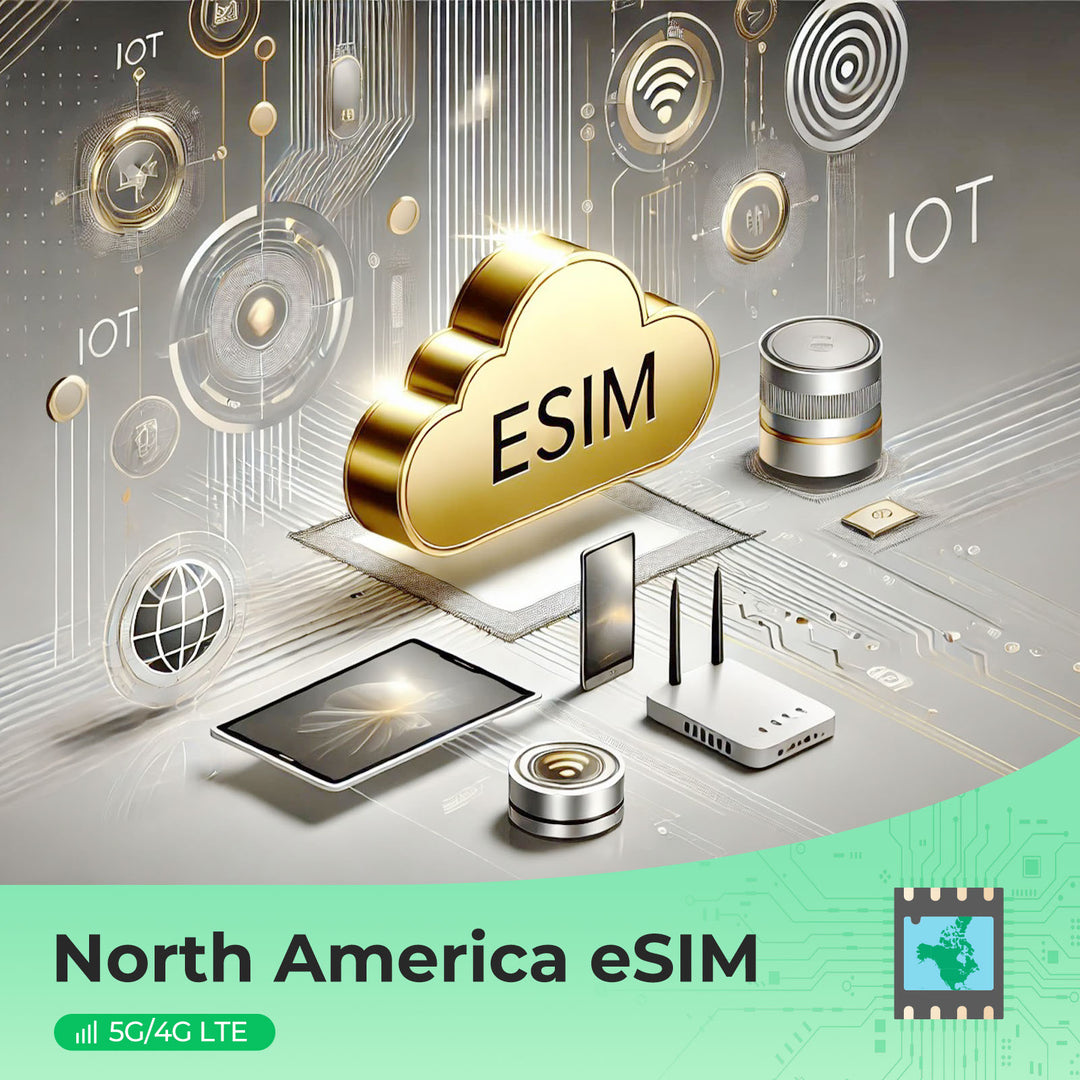 North America eSIM with cloud symbol, devices, and IoT connectivity icons.