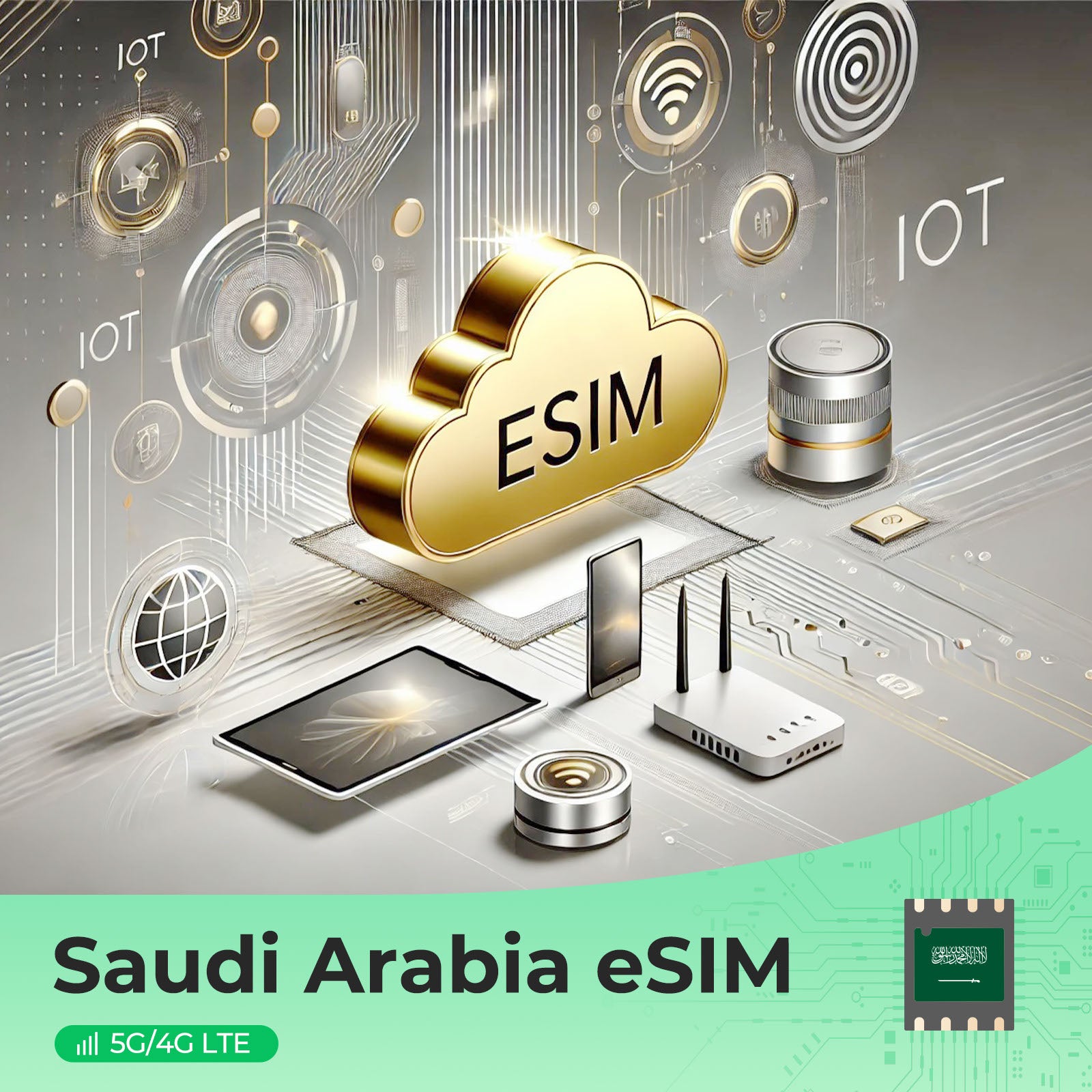 Saudi Arabia eSIM cloud icon with IoT devices and microchip illustration