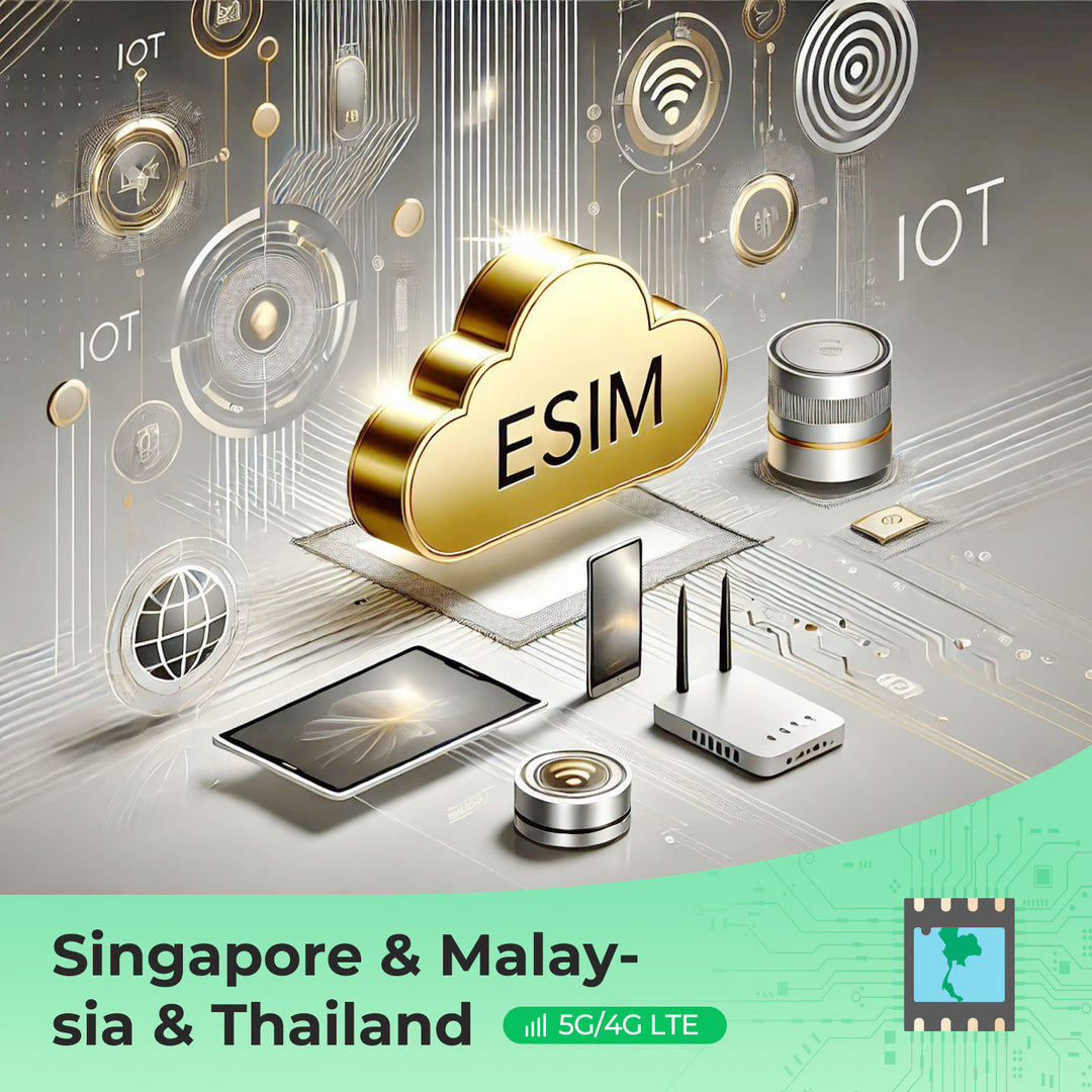 eSIM cloud graphic for Singapore, Malaysia, Thailand with IoT devices