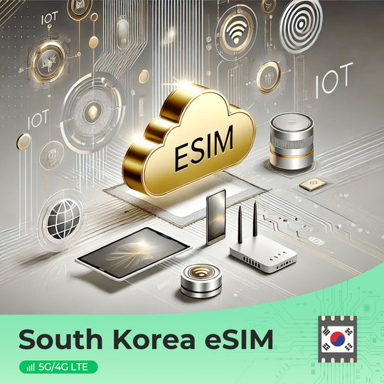 South Korea eSIM cloud icon with tech devices and 5G connectivity elements