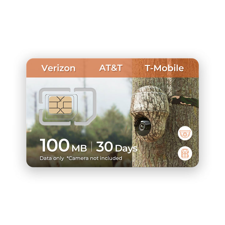 7 GB Data Only SIM card for trail cameras, valid for 360 days, with Verizon, AT&T, T-Mobile compatibility.