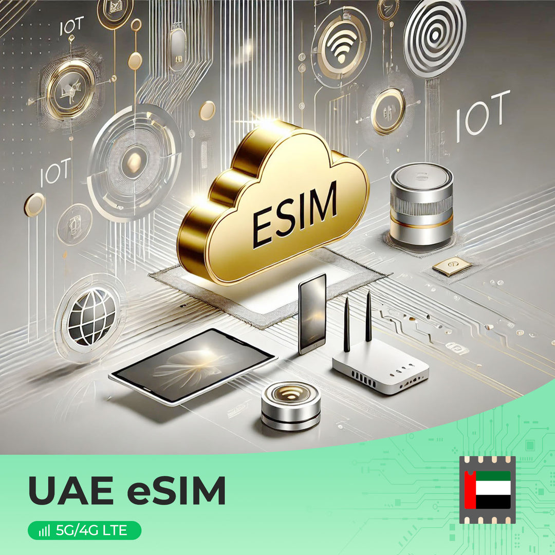 UAE eSIM cloud logo with IoT elements and devices for connectivity