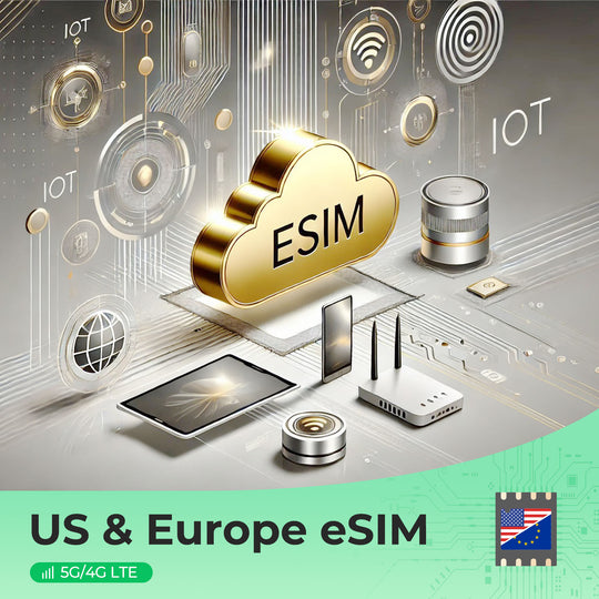 US & Europe eSIM cloud with IoT devices and 5G/4G LTE symbol